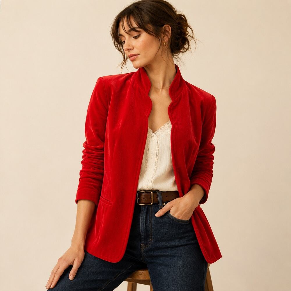 Vintage 70s Pykettes Red Velvet Jacket Cotton Blazer Made Japan M/L